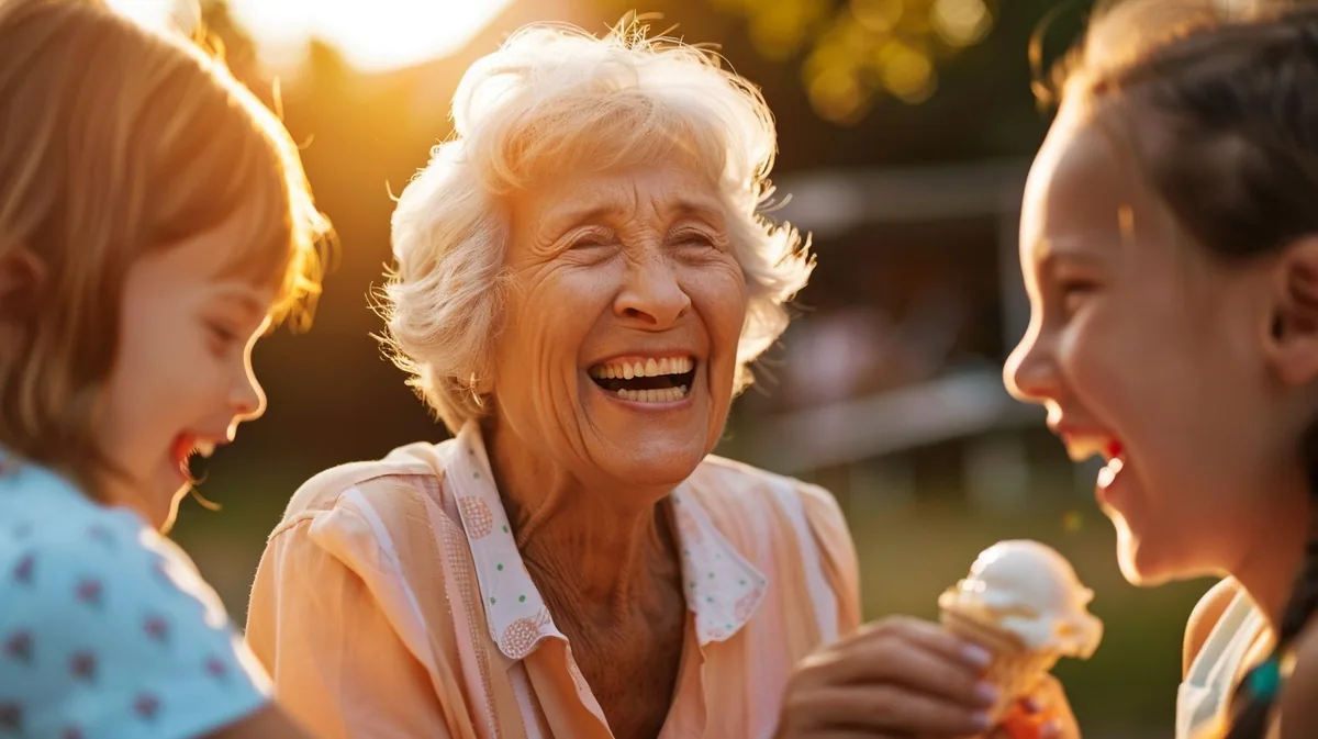 A grandmother laughing with her grandchildren on a sunny afternoon